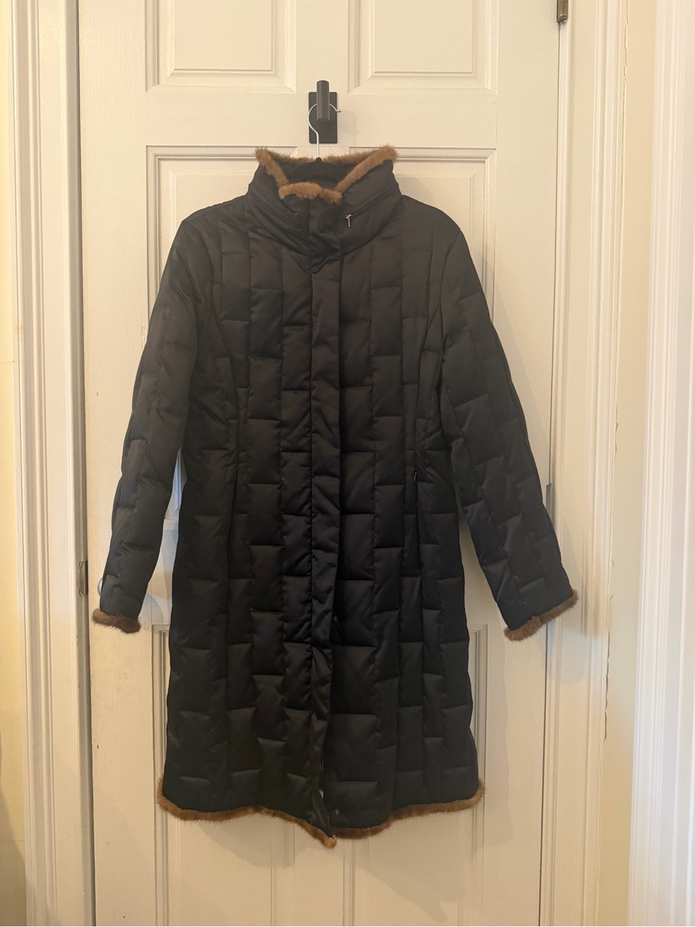 Women’s Long Quilted Black Coat with Fur Trim